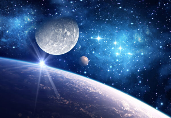 Planète et lune dans l'espace Planète et lune dans l'espace