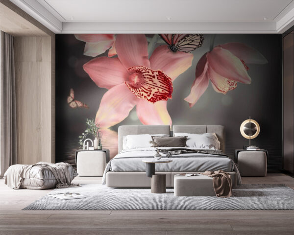 Orchidées roses et papillons sur une branche Orchidées roses et papillons sur une branche