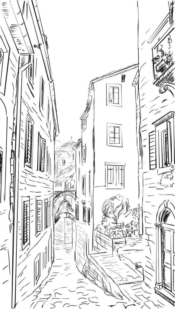 Dessin d'une rue avec des bâtiments Dessin d'une rue avec des bâtiments