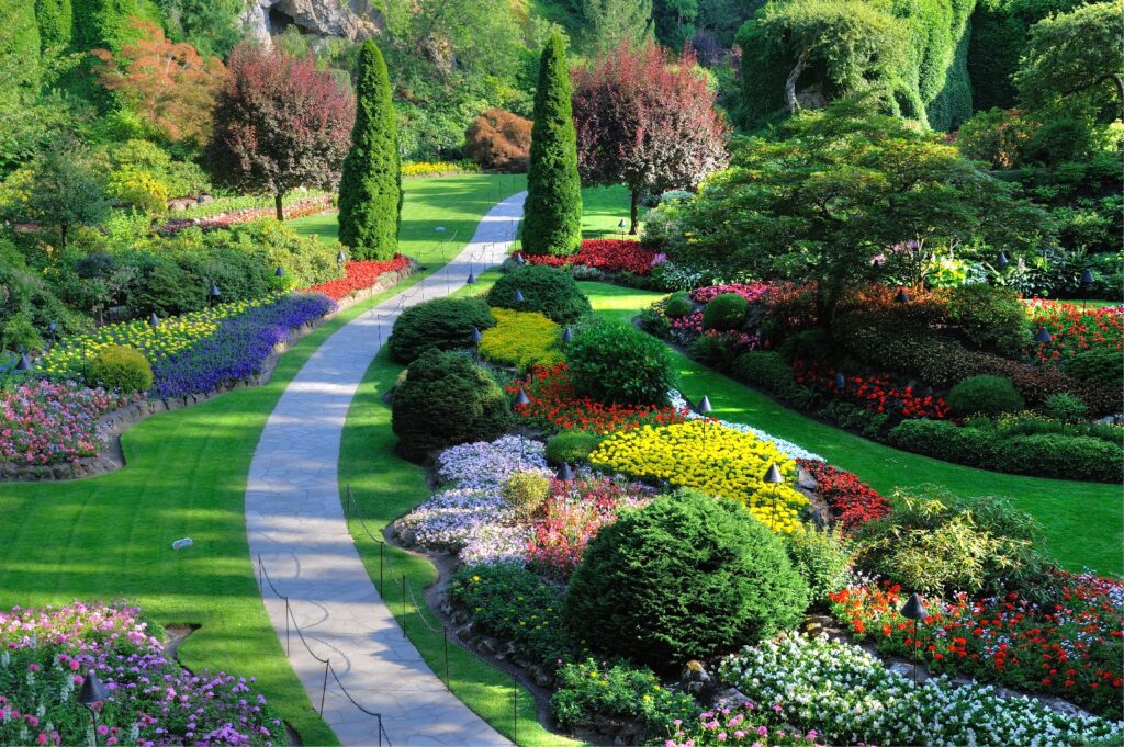 Jardin avec beaucoup de fleurs et d'arbres Jardin avec beaucoup de fleurs et d'arbres