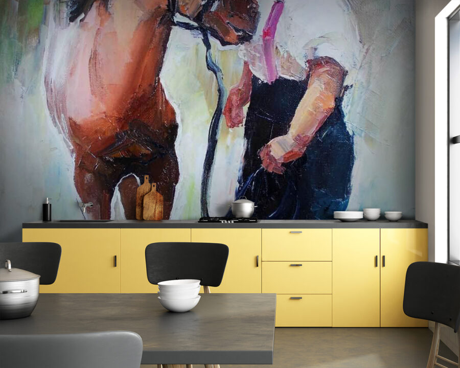 Peinture d'une fille embrassant un cheval