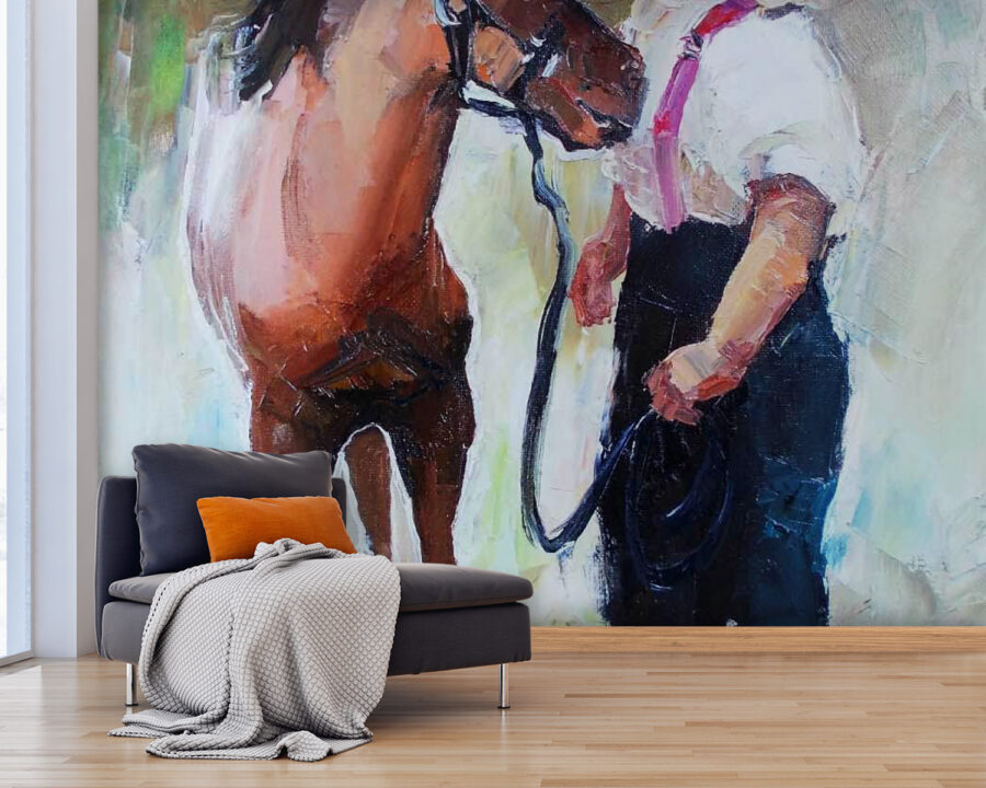 Peinture d'une fille embrassant un cheval