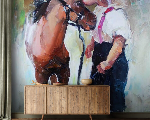 Peinture d'une fille embrassant un cheval