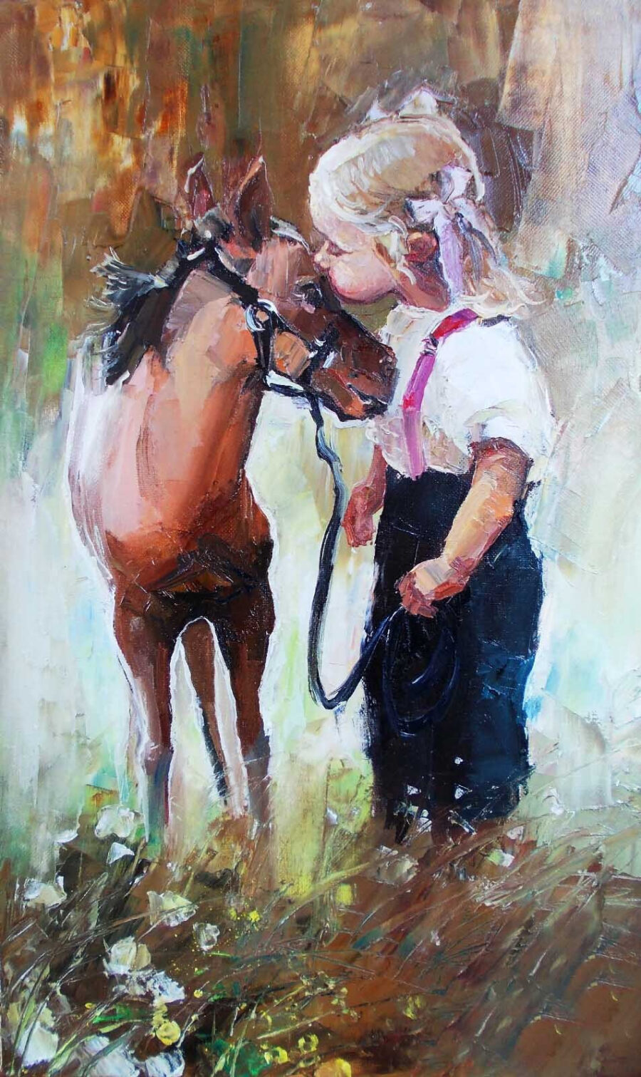 Peinture d'une fille embrassant un cheval