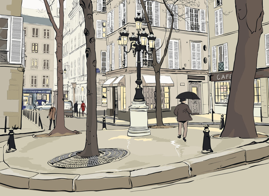 Personne marchant sur un trottoir avec un parapluie
