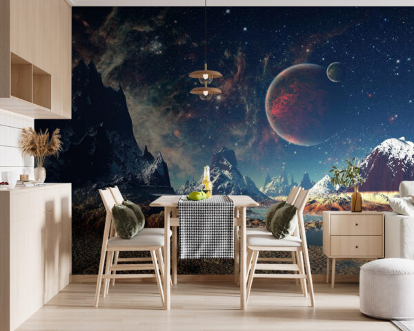 Paysage de montagnes et d'eau avec des planètes et des étoiles Paysage de montagnes et d'eau avec des planètes et des étoiles