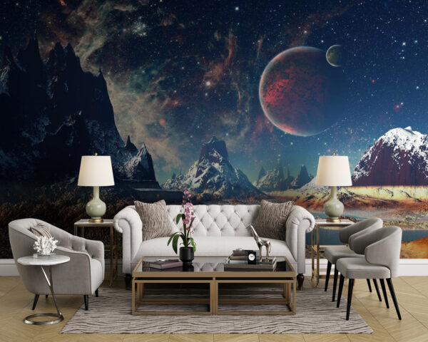 Paysage de montagnes et d'eau avec des planètes et des étoiles Paysage de montagnes et d'eau avec des planètes et des étoiles