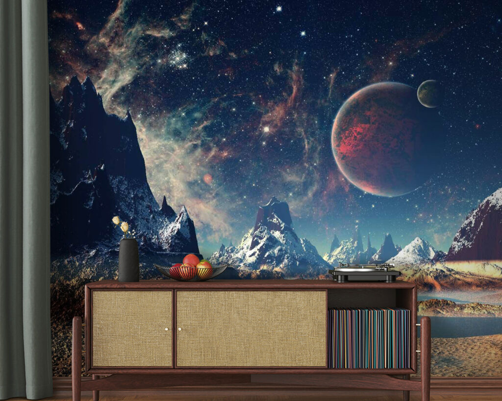 Landscape of mountains and water with planets and stars