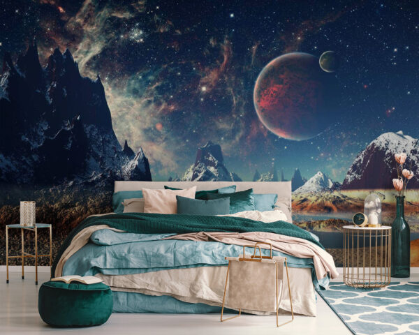 Paysage de montagnes et d'eau avec des planètes et des étoiles Paysage de montagnes et d'eau avec des planètes et des étoiles