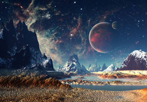 Paysage de montagnes et d'eau avec des planètes et des étoiles Paysage de montagnes et d'eau avec des planètes et des étoiles