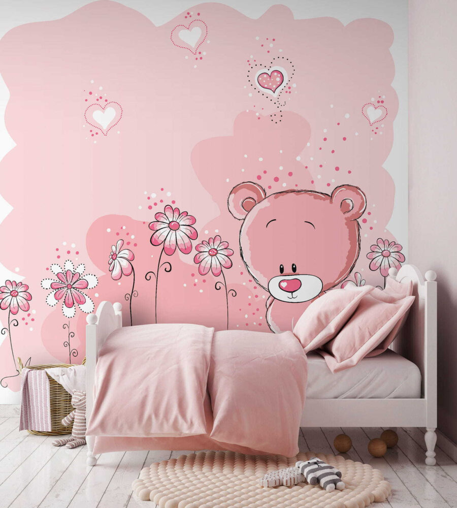 Ourson rose avec fleurs