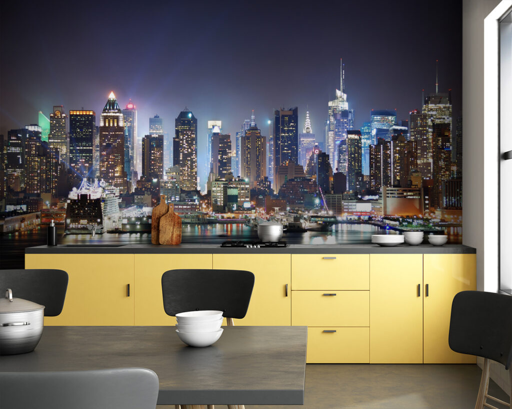 City skyline at night with lights reflecting on water City skyline at night with lights reflecting on water