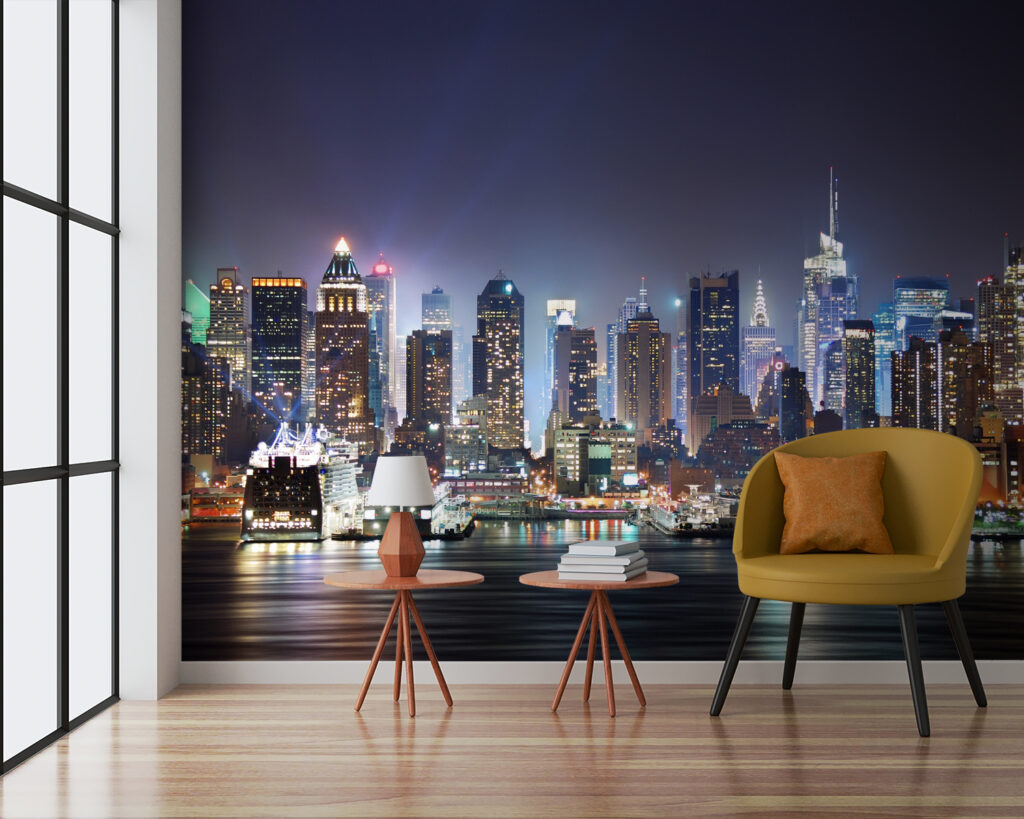 City skyline at night with lights reflecting on water City skyline at night with lights reflecting on water