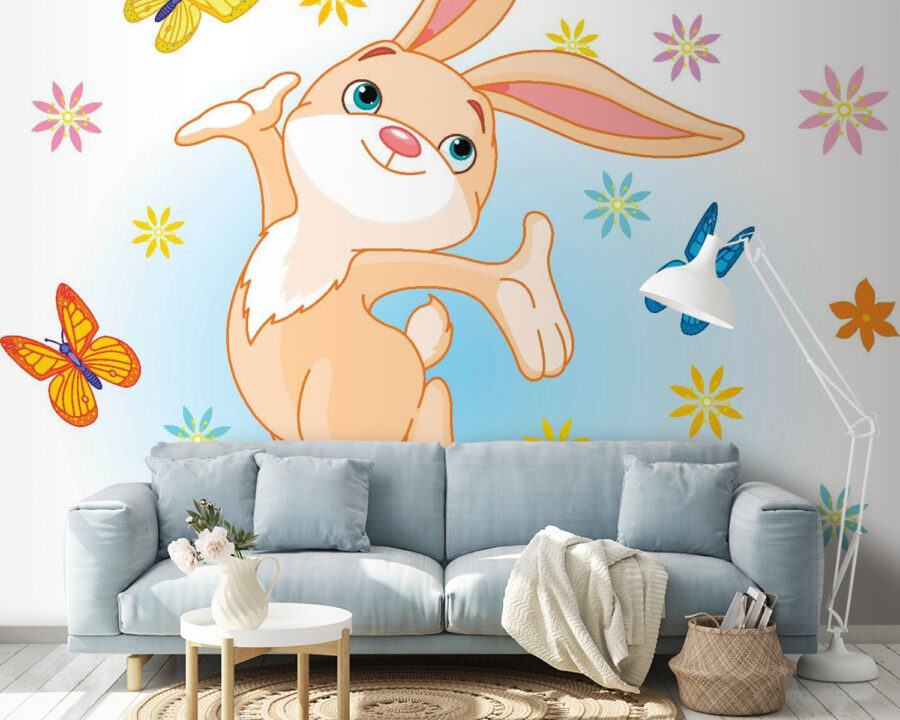 Caricature d'un lapin sautant en l'air avec des papillons