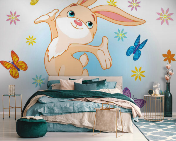 Caricature d'un lapin sautant en l'air avec des papillons Caricature d'un lapin sautant en l'air avec des papillons