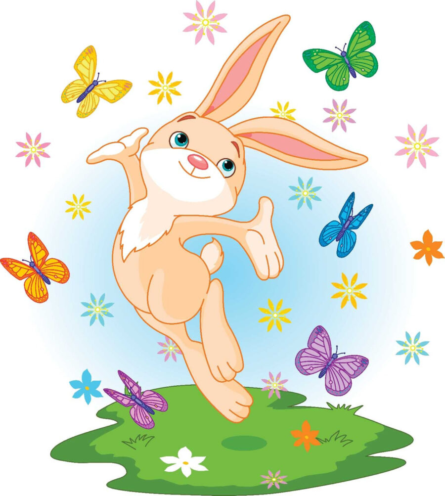 Caricature d'un lapin sautant en l'air avec des papillons