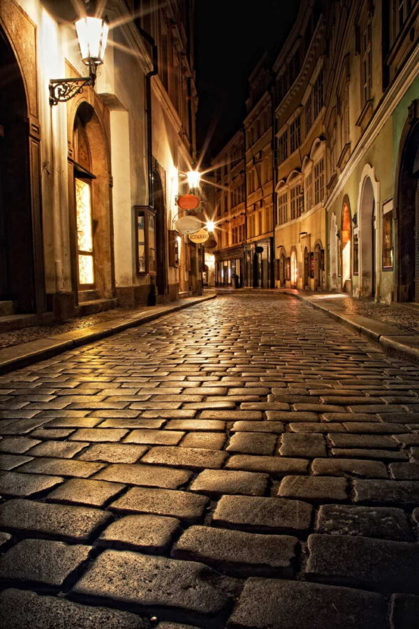 Rue en pierre avec bâtiments et lampadaires Rue en pierre avec bâtiments et lampadaires