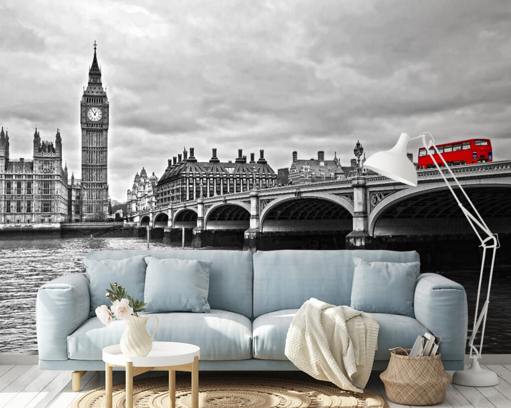 Bridge over water with a clock tower and a red bus Bridge over water with a clock tower and a red bus