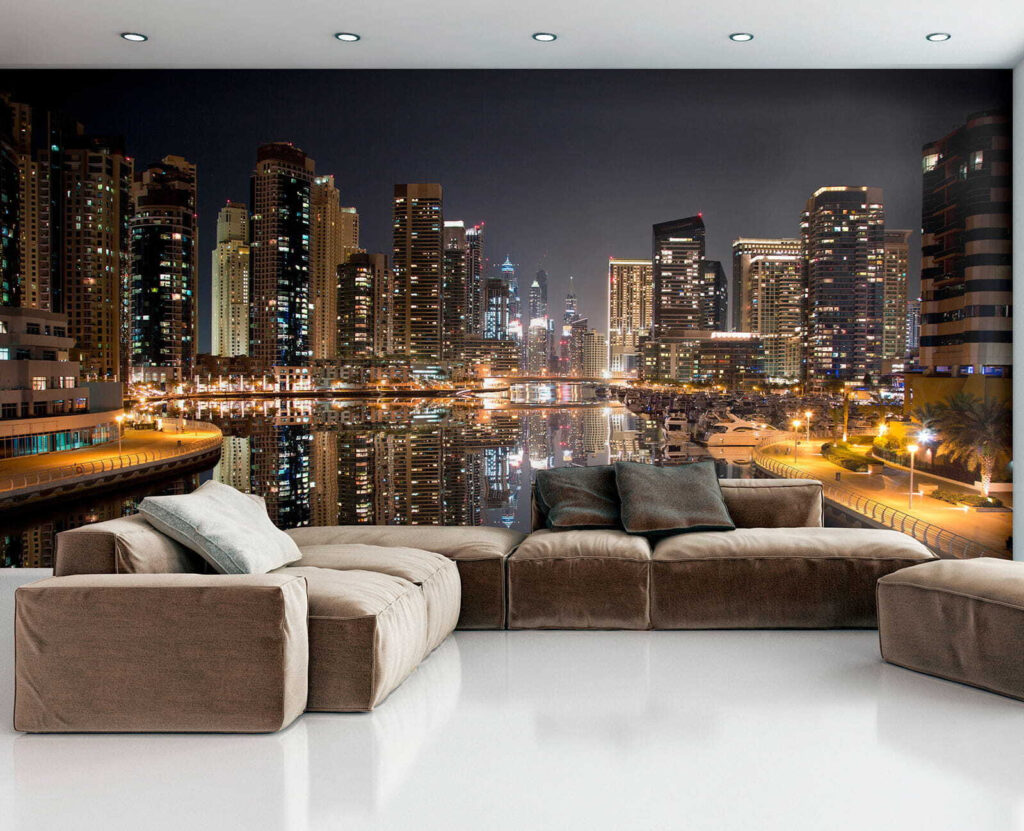 City skyline with lights reflecting on water