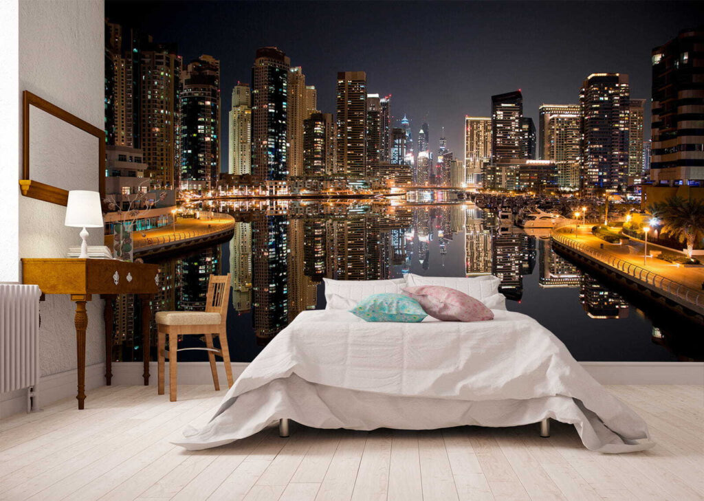 City skyline with lights reflecting on water