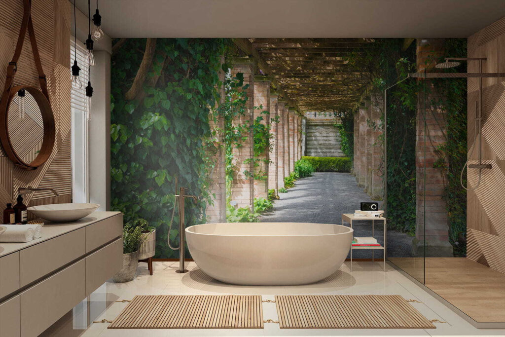 Walkway with stone pillars and vines