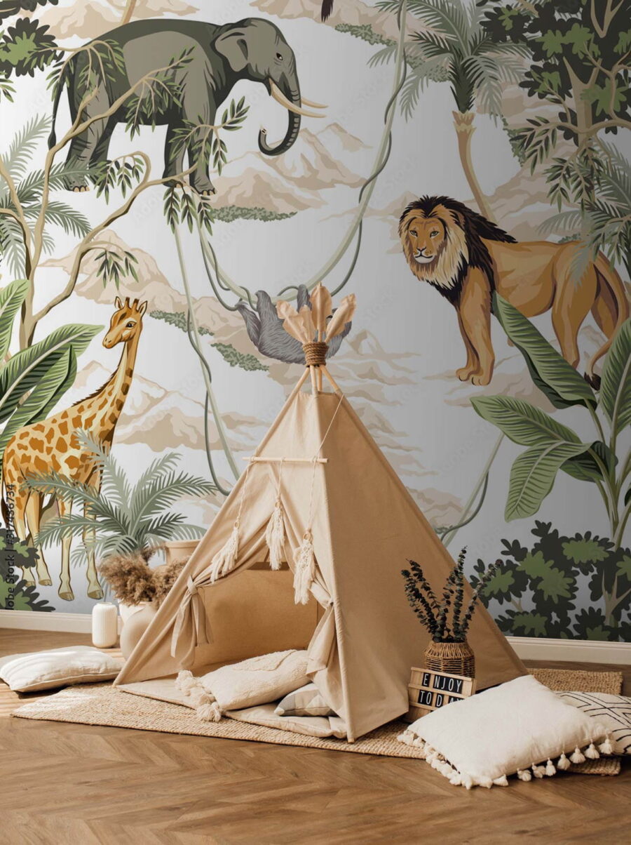 Papier peint avec des animaux et des arbres Papier peint avec des animaux et des arbres