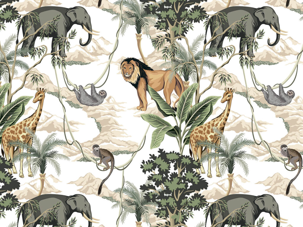 Papier peint avec des animaux et des arbres Papier peint avec des animaux et des arbres