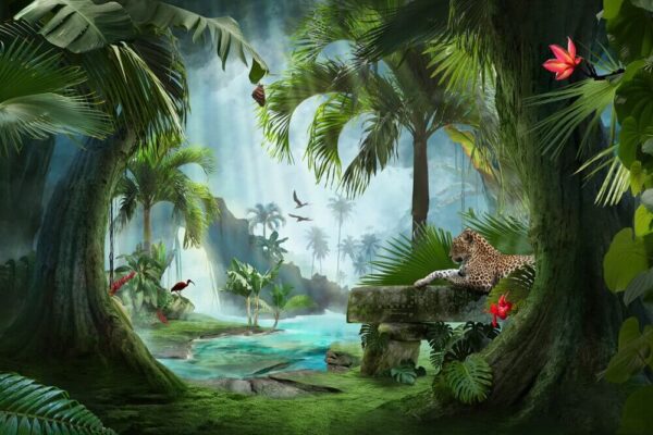 Léopard couché sur un banc dans la jungle Léopard couché sur un banc dans la jungle
