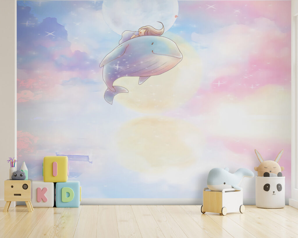 Cartoon of a girl riding a whale