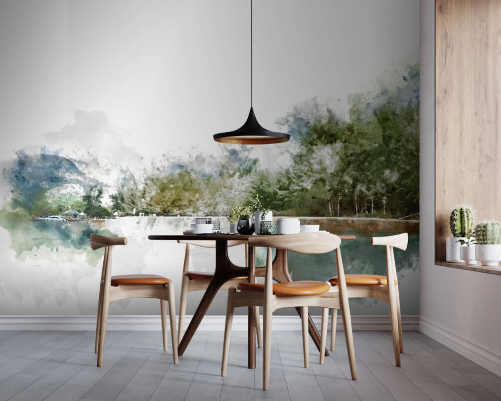 Aquarelle d'un lac avec des arbres et des montagnes en arrière-plan u51105pik1m - Aquarelle d'un lac avec des arbres et des montagnes en arrière-plan - tegory