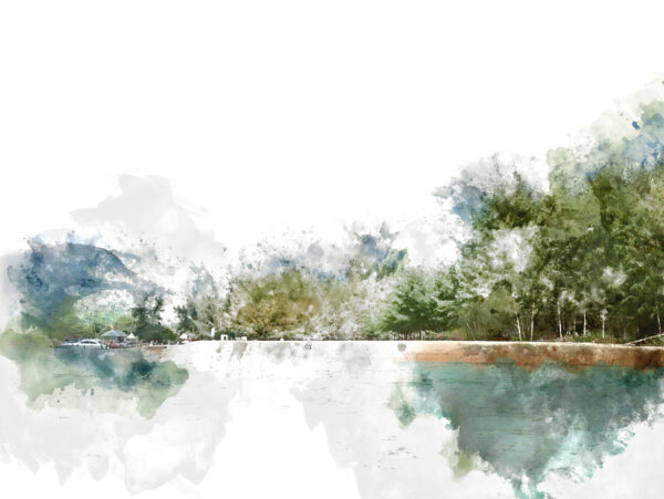 Aquarelle d'un lac avec des arbres et des montagnes en arrière-plan Aquarelle d'un lac avec des arbres et des montagnes en arrière-plan