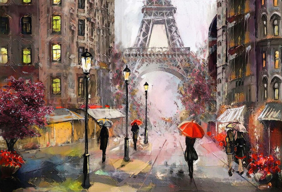 Peinture de personnes marchant avec des parapluies dans une ville