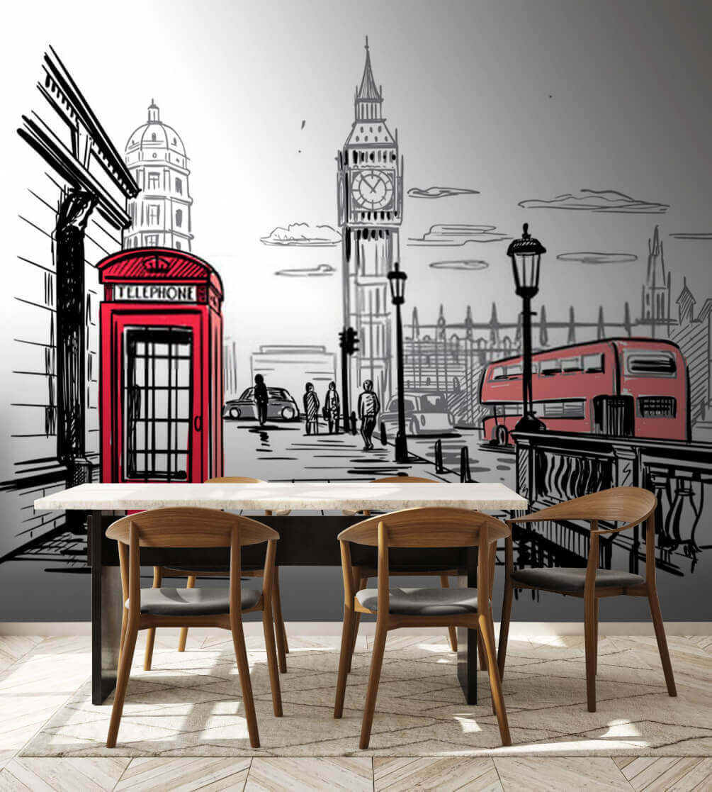 Red telephone booth and a red bus on a street