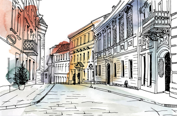 Dessin d'une rue avec des bâtiments Dessin d'une rue avec des bâtiments