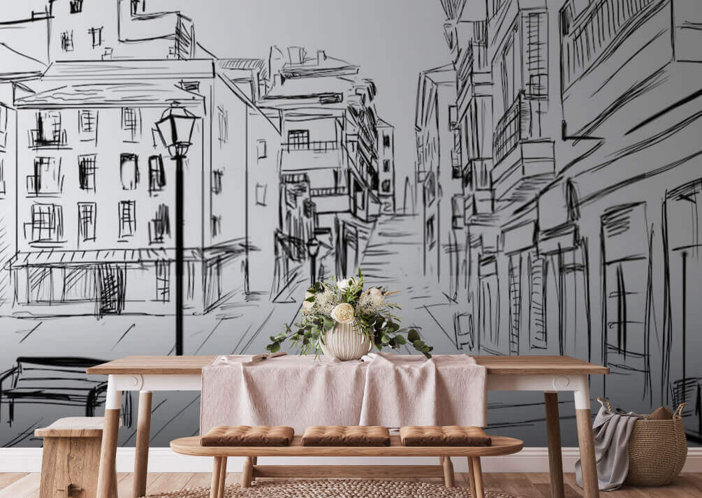 Drawing of a street with buildings Drawing of a street with buildings