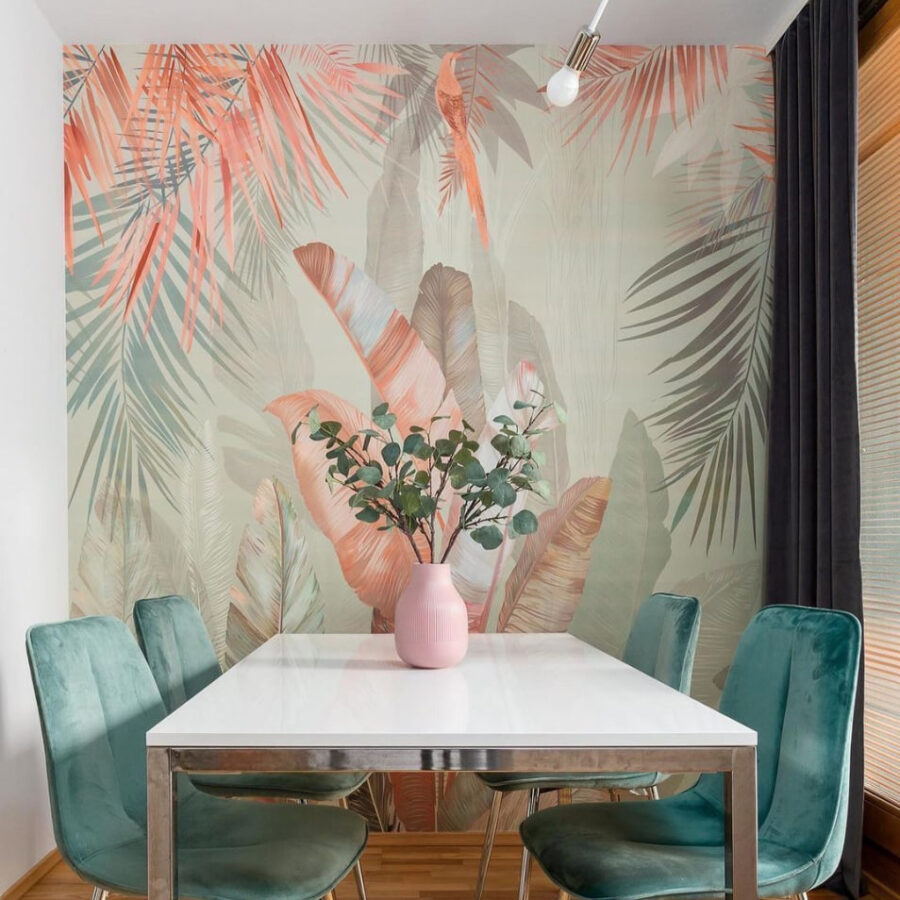 Feuillage tropical dans des tons doux et pastel.