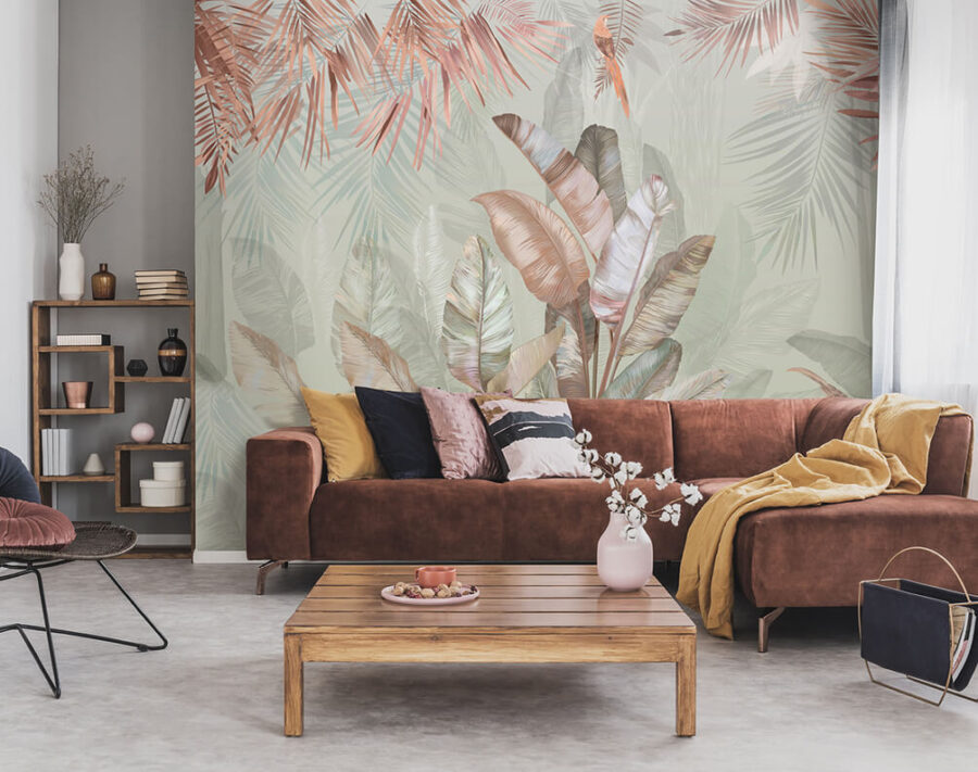 Feuillage tropical dans des tons doux et pastel.