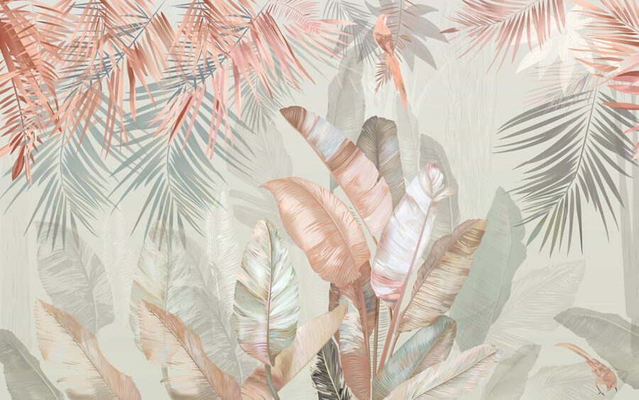 Feuillage tropical dans des tons doux et pastel.