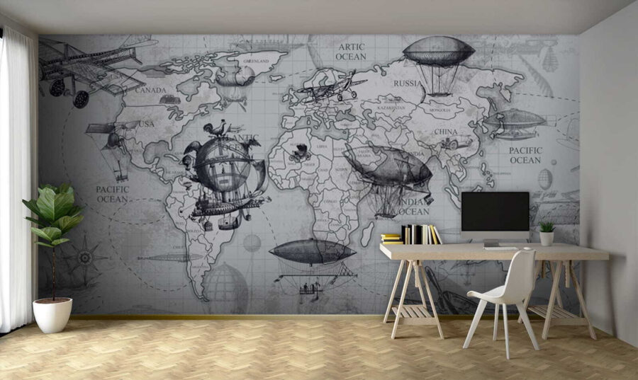 Carte du monde avec différents types de montgolfières