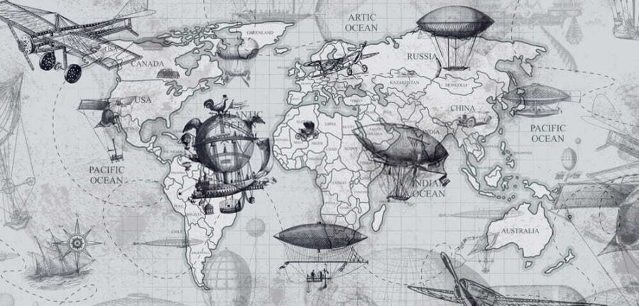 Carte du monde avec différents types de montgolfières