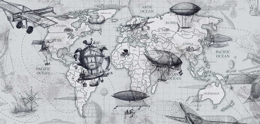 Carte du monde avec différents types de montgolfières Carte du monde avec différents types de montgolfières
