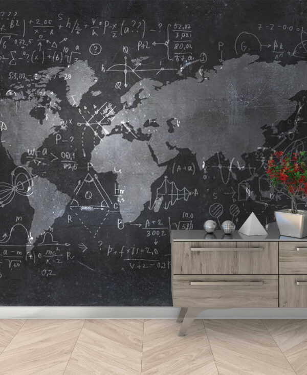 Tableau noir avec une carte et des équations mathématiques Tableau noir avec une carte et des équations mathématiques