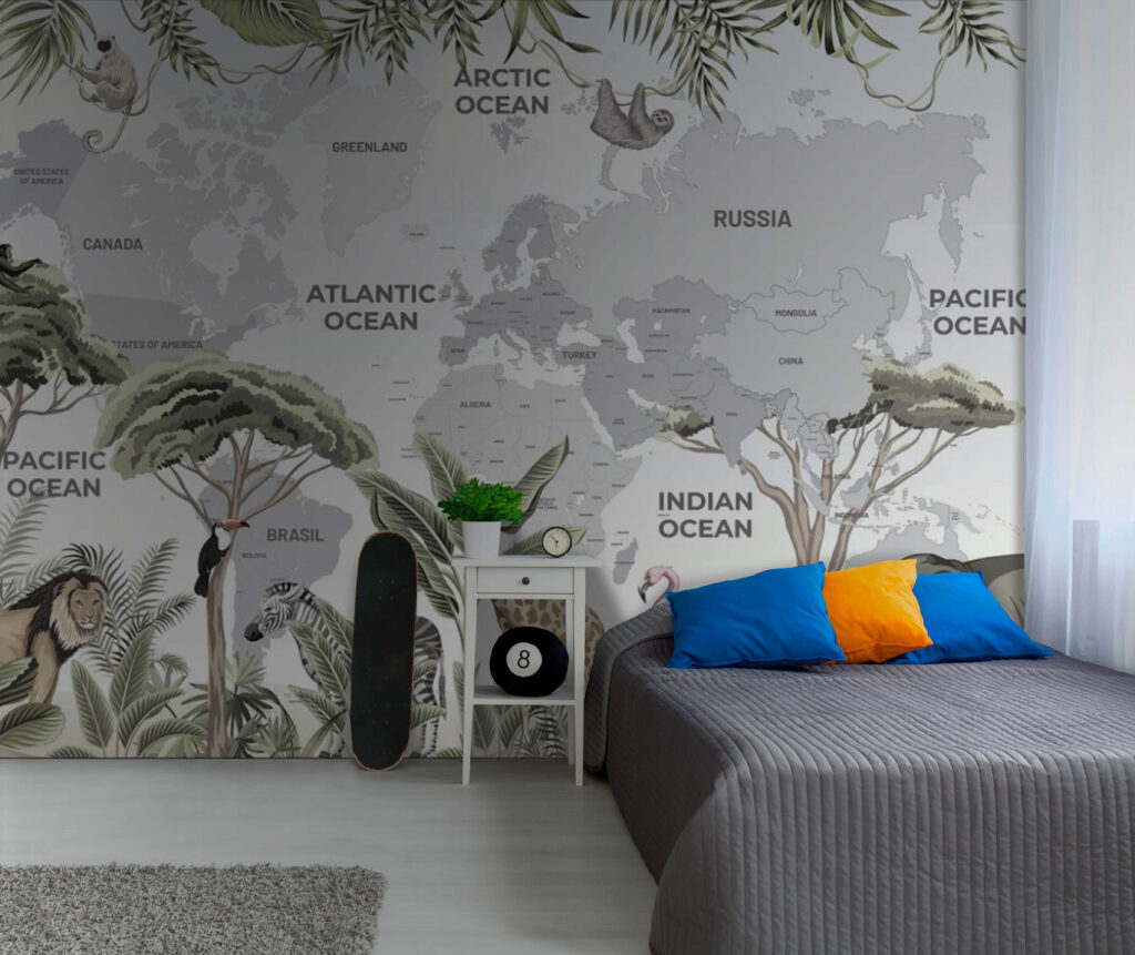 Map of the world with animals and birds Map of the world with animals and birds