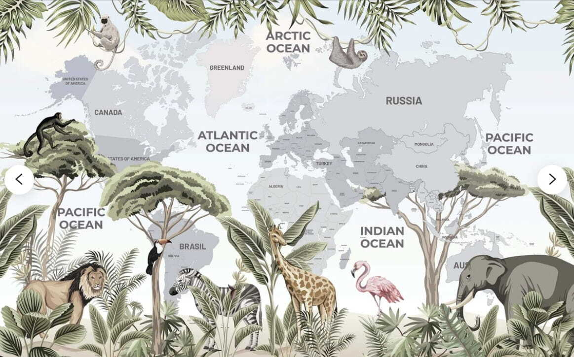 Map of the world with animals and birds Map of the world with animals and birds