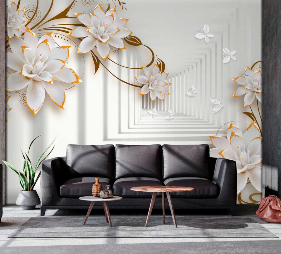 Fleurs blanches et orange sur fond blanc