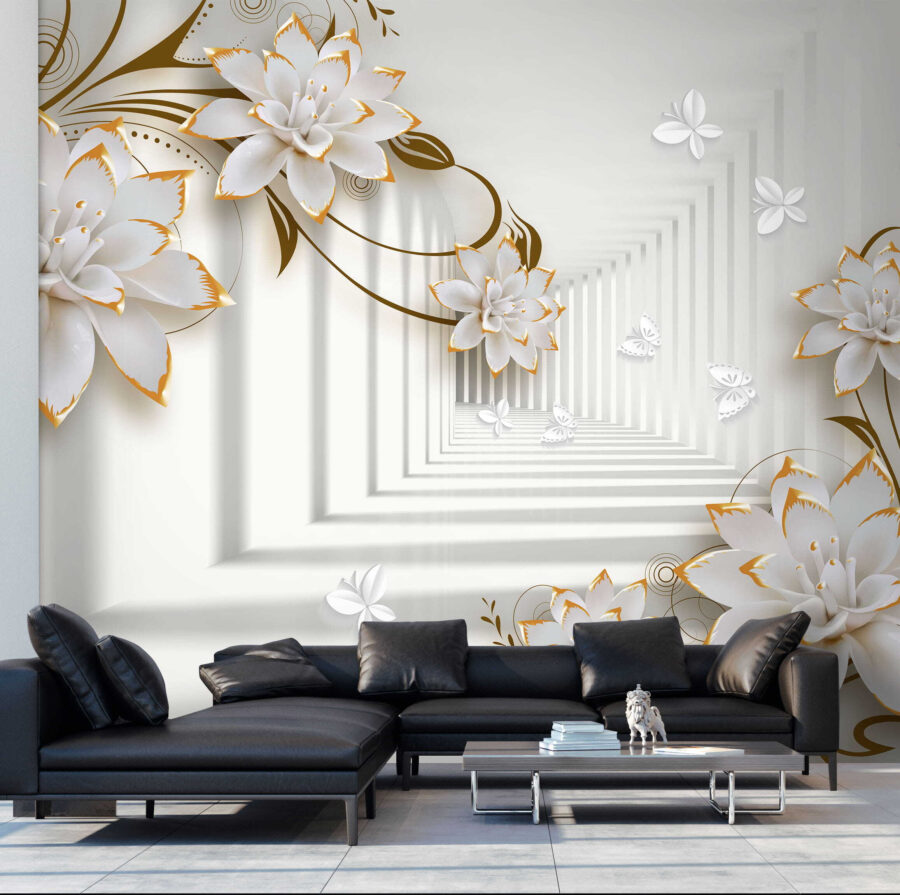 Fleurs blanches et orange sur fond blanc