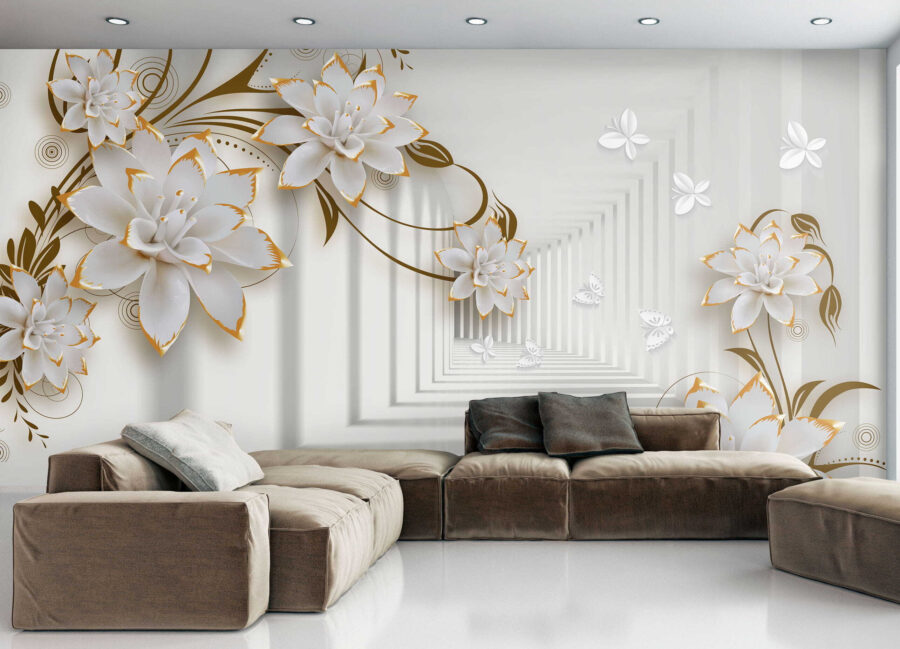 Fleurs blanches et orange sur fond blanc