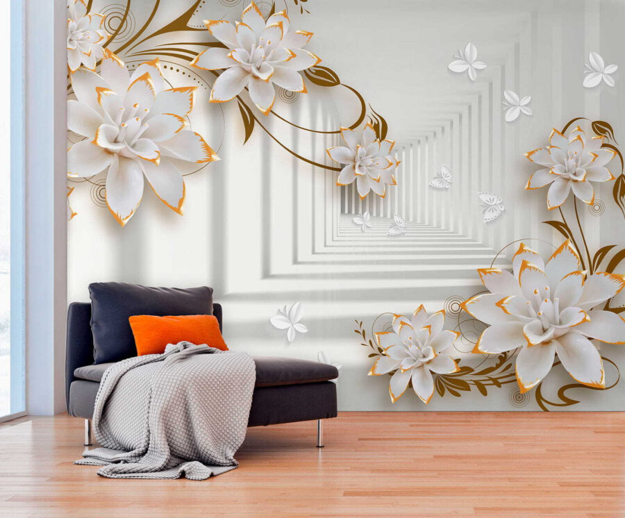 Fleurs blanches et orange sur fond blanc