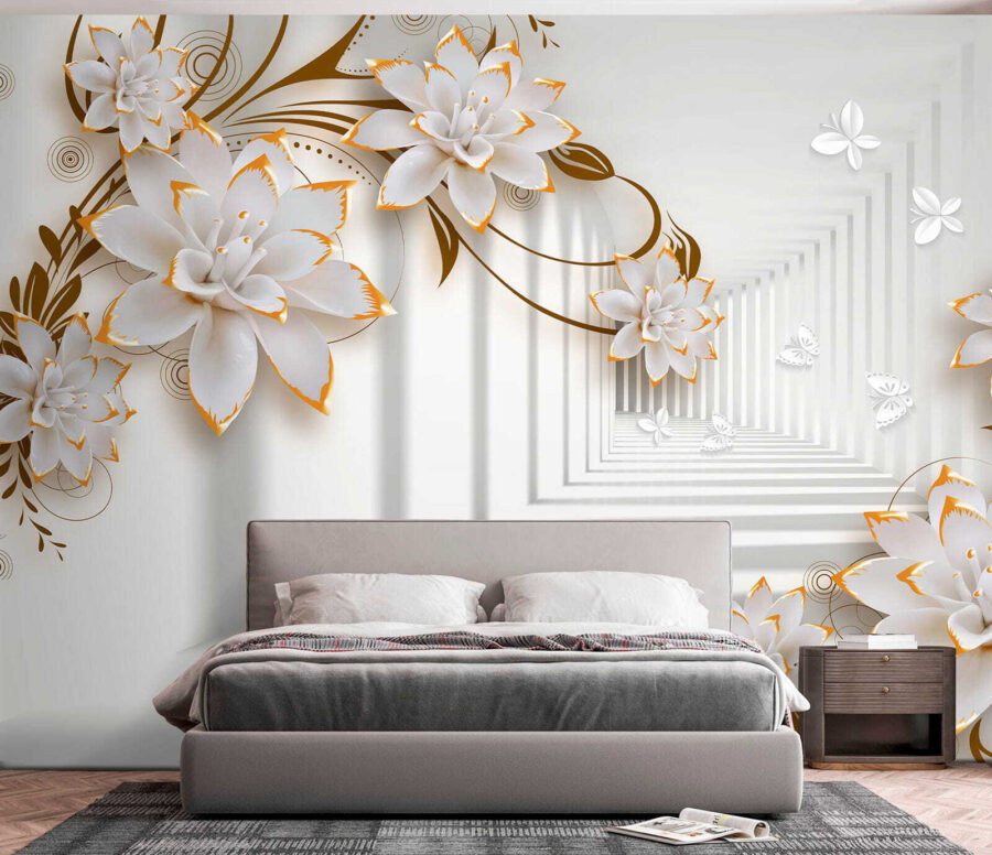 Fleurs blanches et orange sur fond blanc
