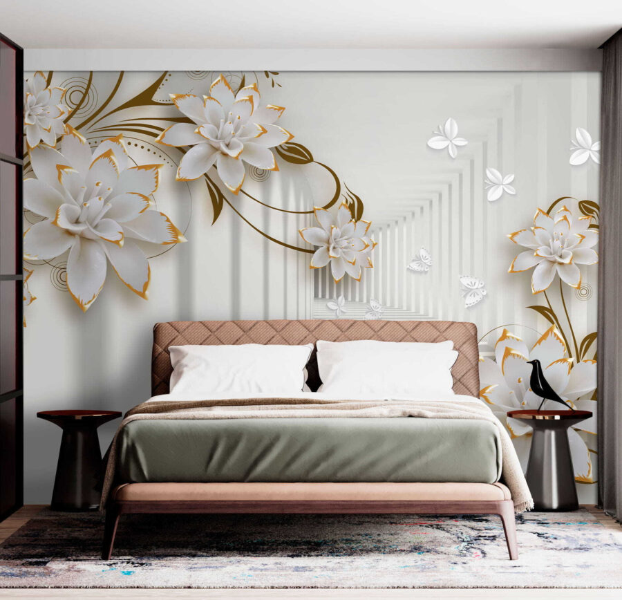 Fleurs blanches et orange sur fond blanc